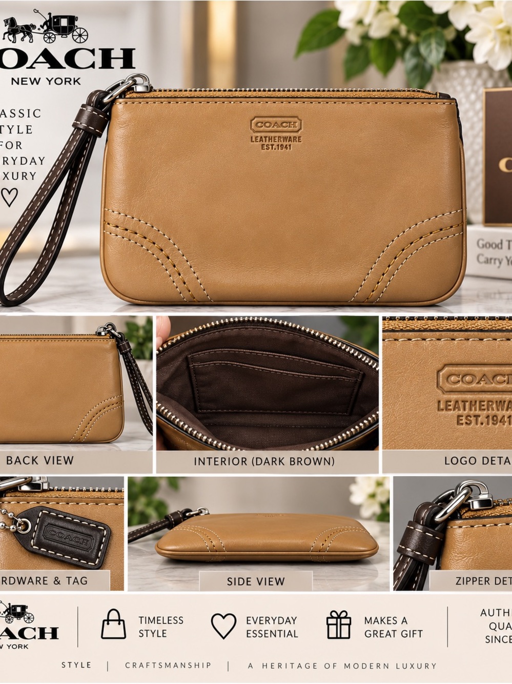 Coach Tan Leather Wristlet Pouch with Dark Brown Trim